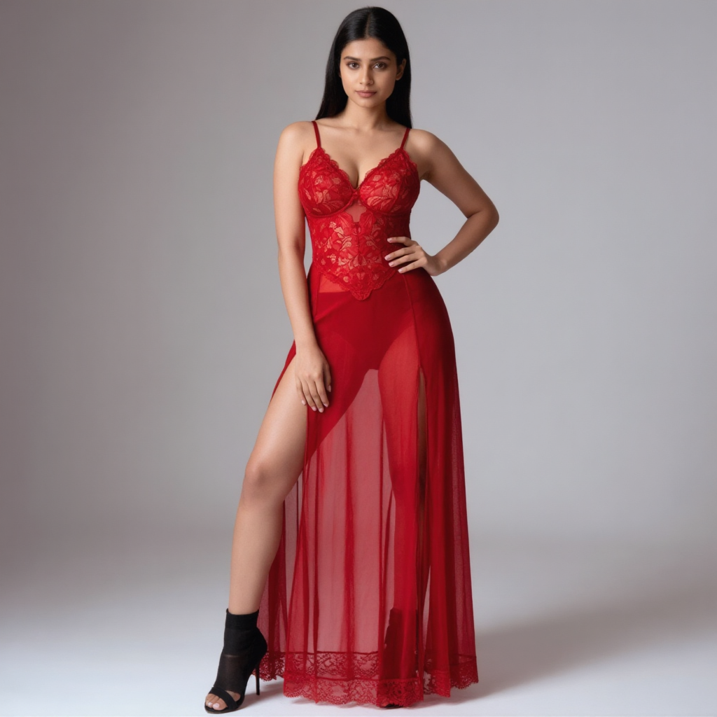 Red Sheer Lace Baby Doll with Dual Slits