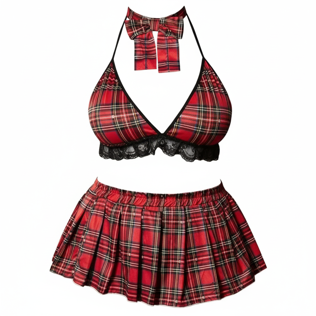 BOLDQUEEN Red Tartan Halter Bralette Satin & Lace Nightwear for Women
