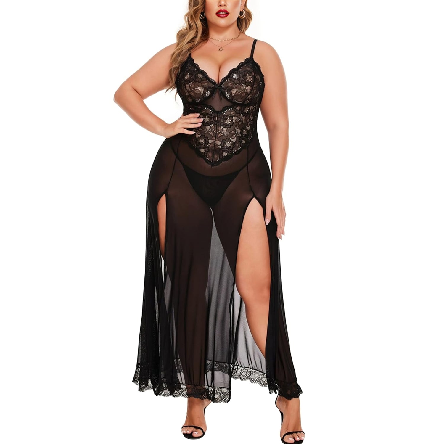 BOLDQUEEN Plus-Size Black Lace Babydoll