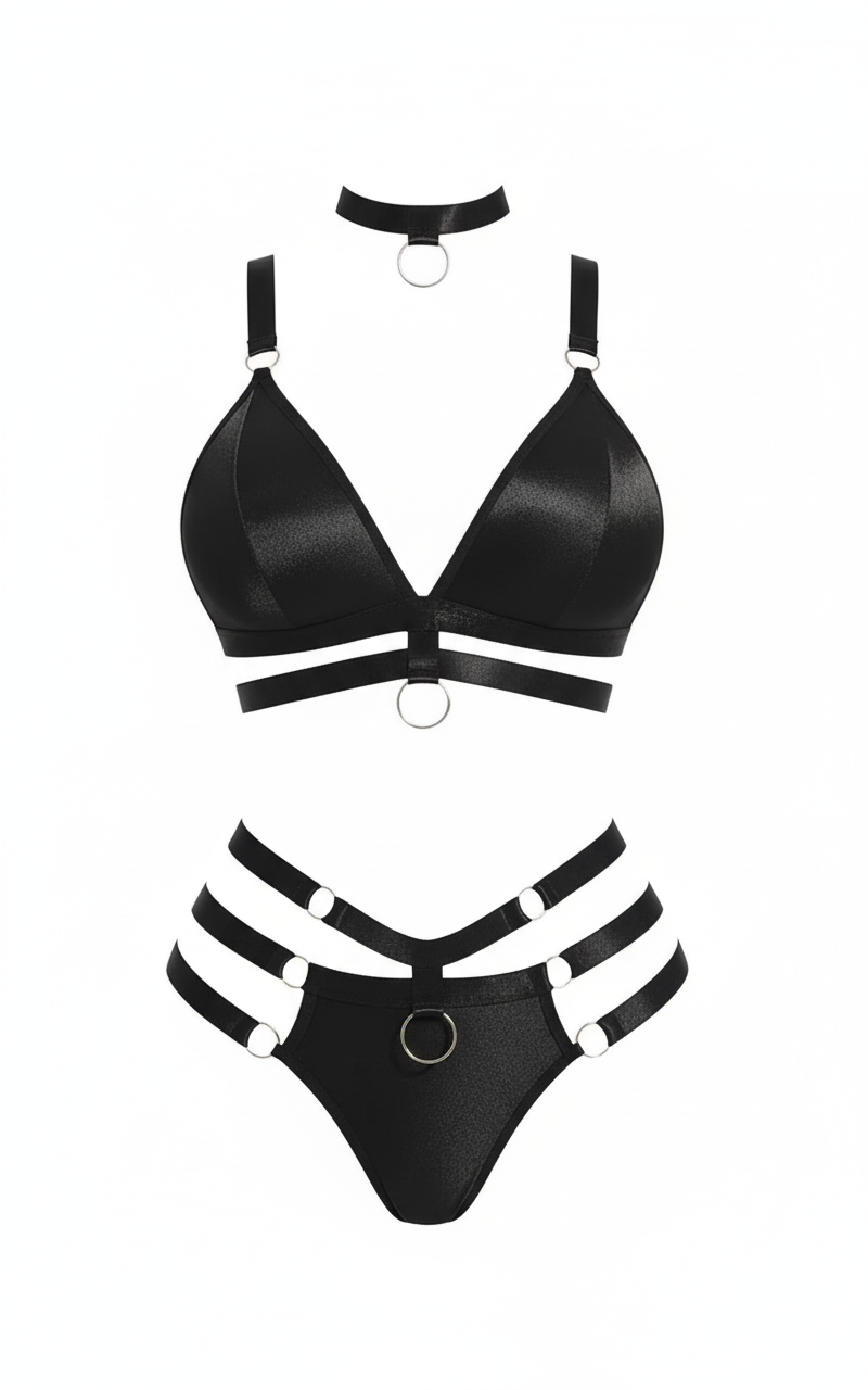 BOLDQUEEN Bold Black O-Ring Linked Cut-Out Lingerie